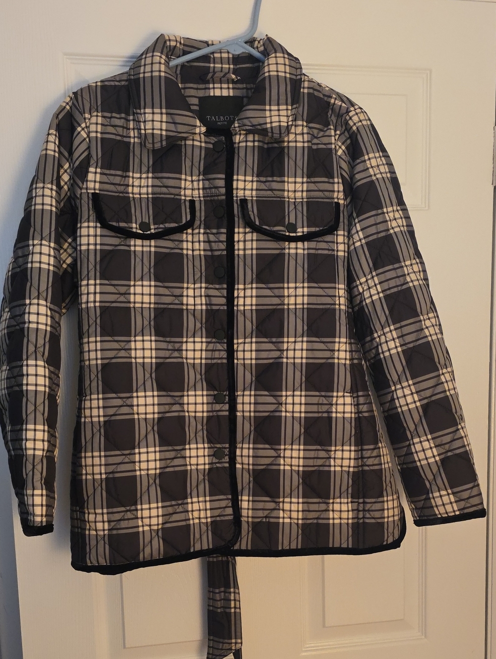 Talbots Plaid Puffer Jacket Black & Cream Large Petite